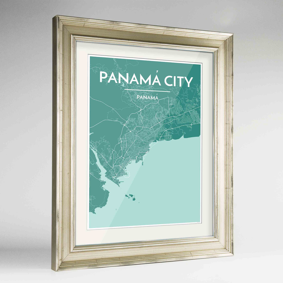 Framed Panama Map Art Print 24x36&quot; Champagne frame Point Two Design Group