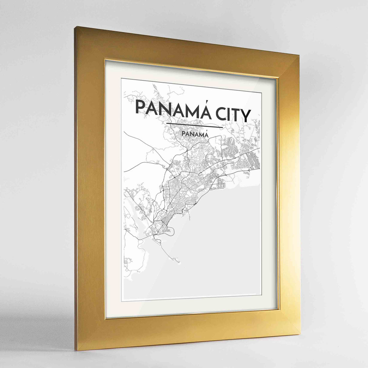 Framed Panama Map Art Print 24x36&quot; Gold frame Point Two Design Group