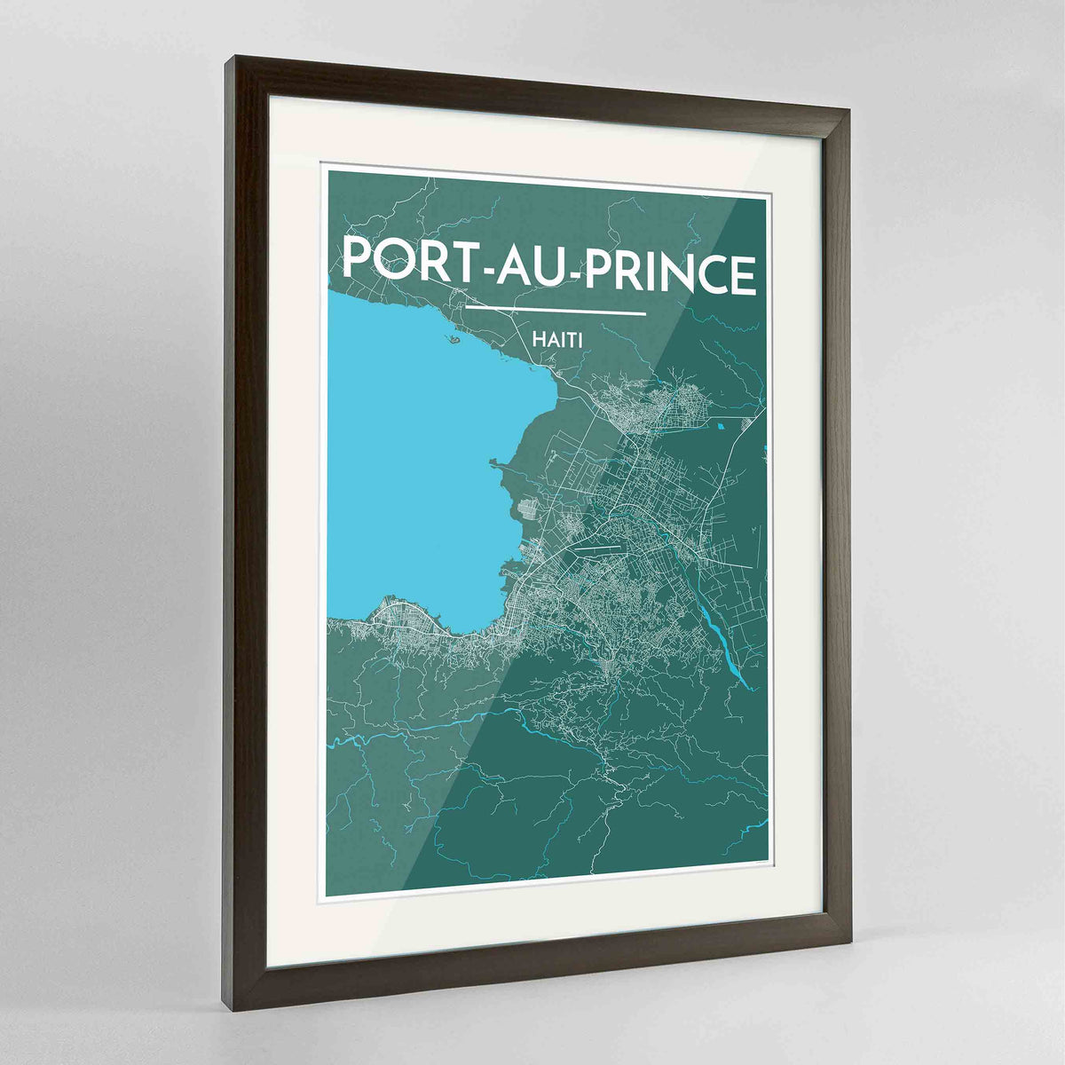 Framed Port Au Prince Map Art Print 24x36&quot; Contemporary Walnut frame Point Two Design Group