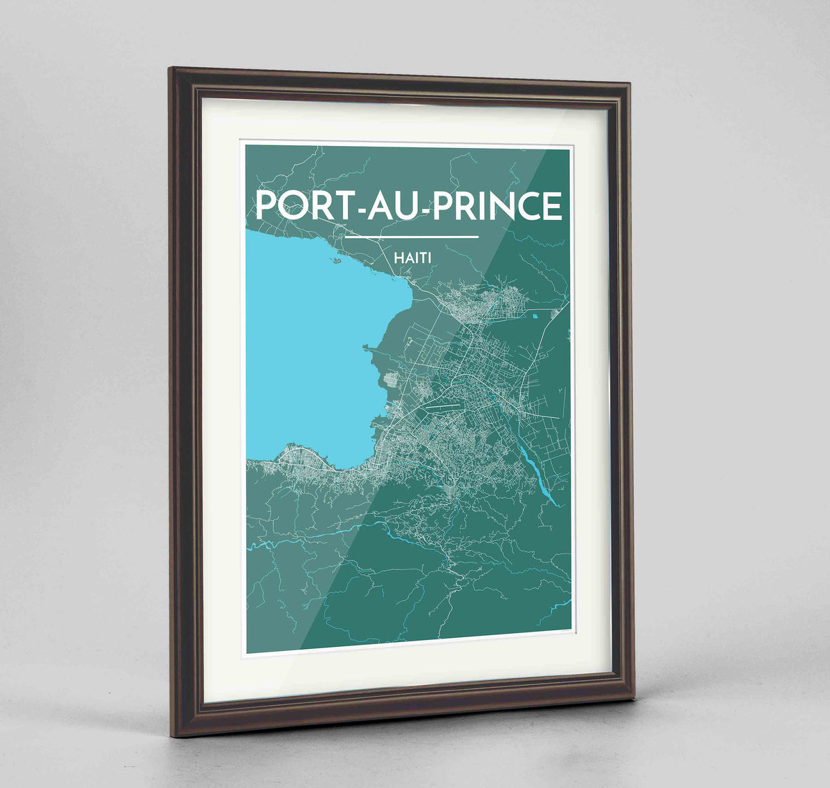 Framed Port Au Prince Map Art Print 24x36&quot; Traditional Walnut frame Point Two Design Group