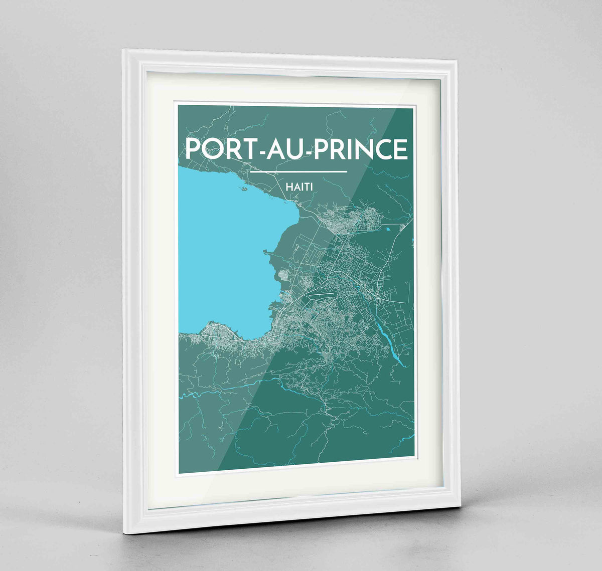 Framed Port Au Prince Map Art Print 24x36&quot; Traditional White frame Point Two Design Group