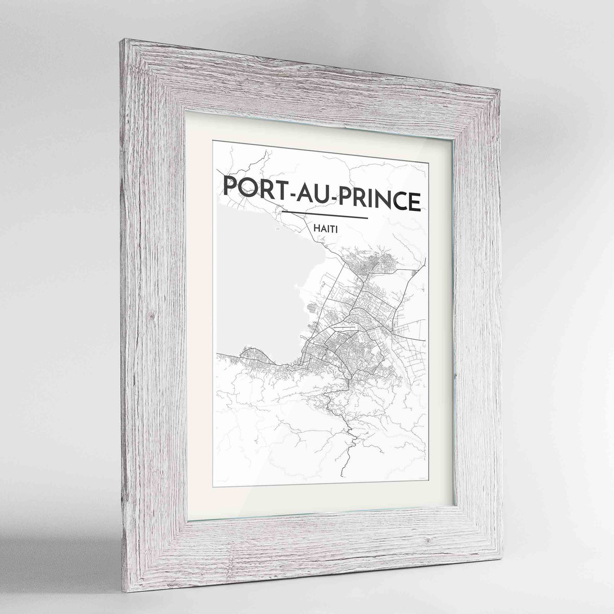 Framed Port Au Prince Map Art Print 24x36&quot; Western White frame Point Two Design Group