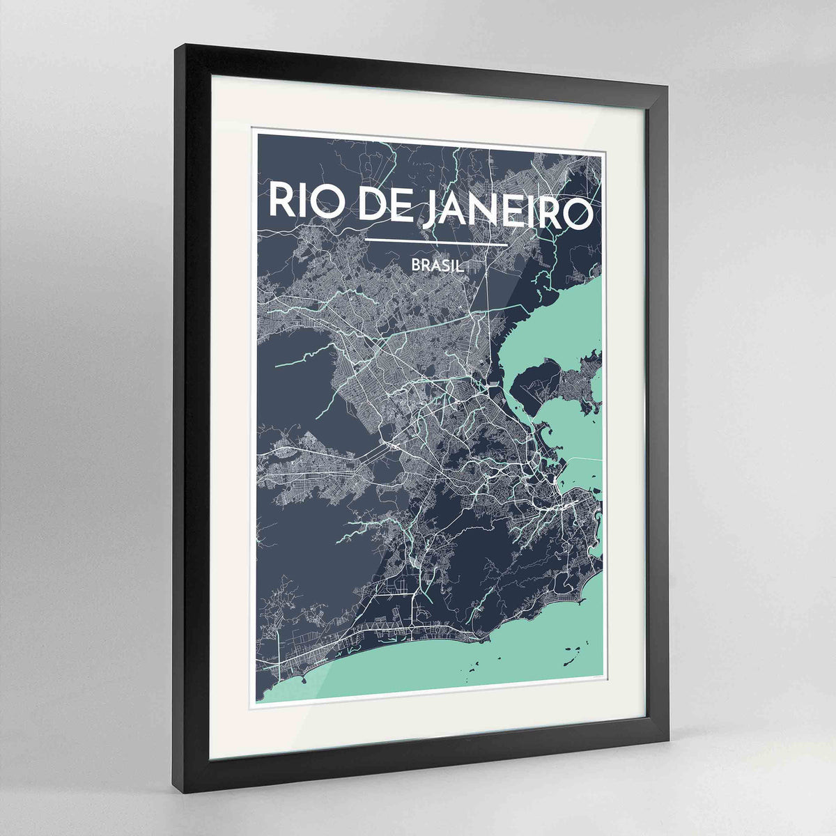 Framed Rio de Janeiro Map Art Print 24x36&quot; Contemporary Black frame Point Two Design Group