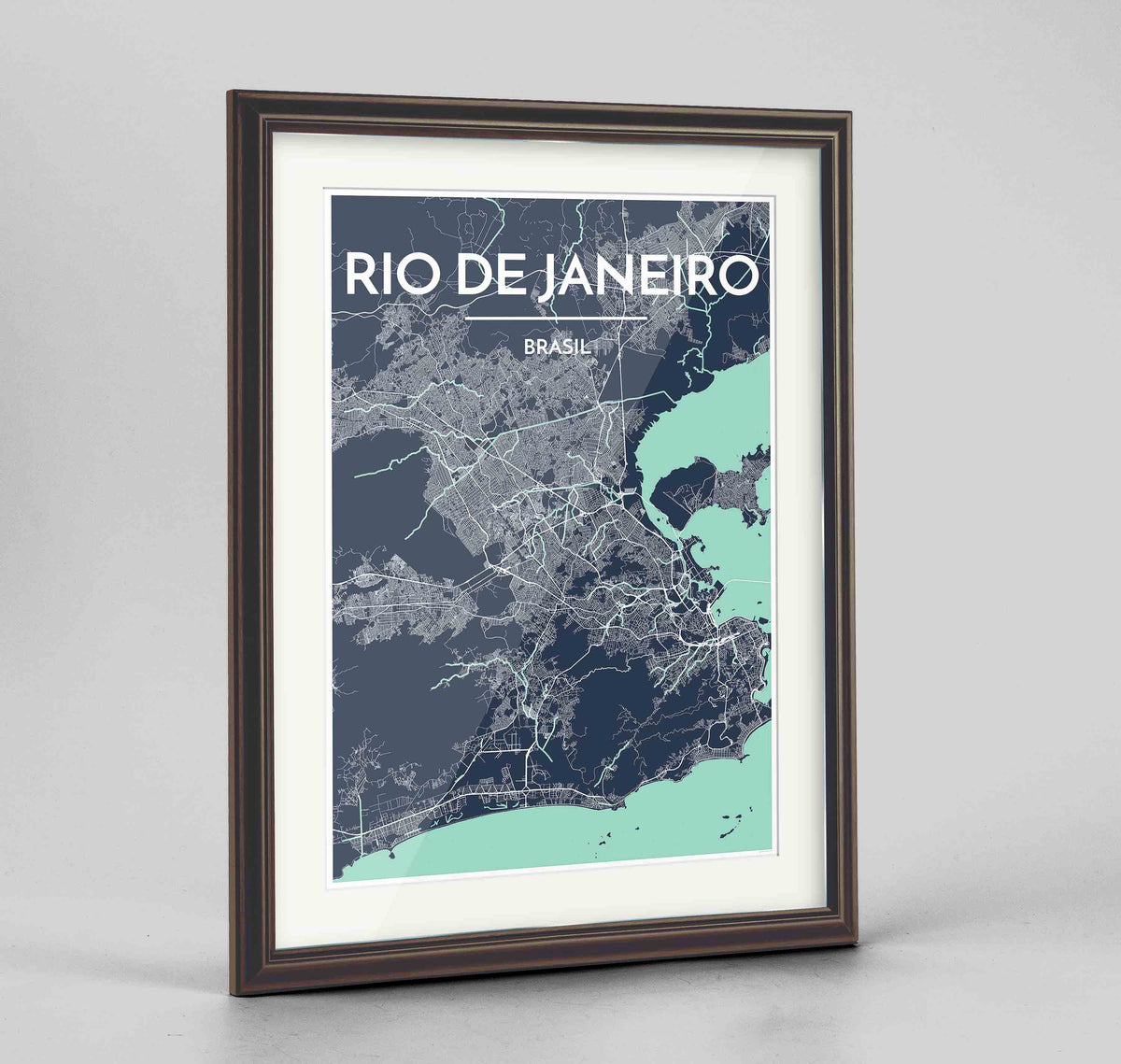 Framed Rio de Janeiro Map Art Print 24x36&quot; Traditional Walnut frame Point Two Design Group