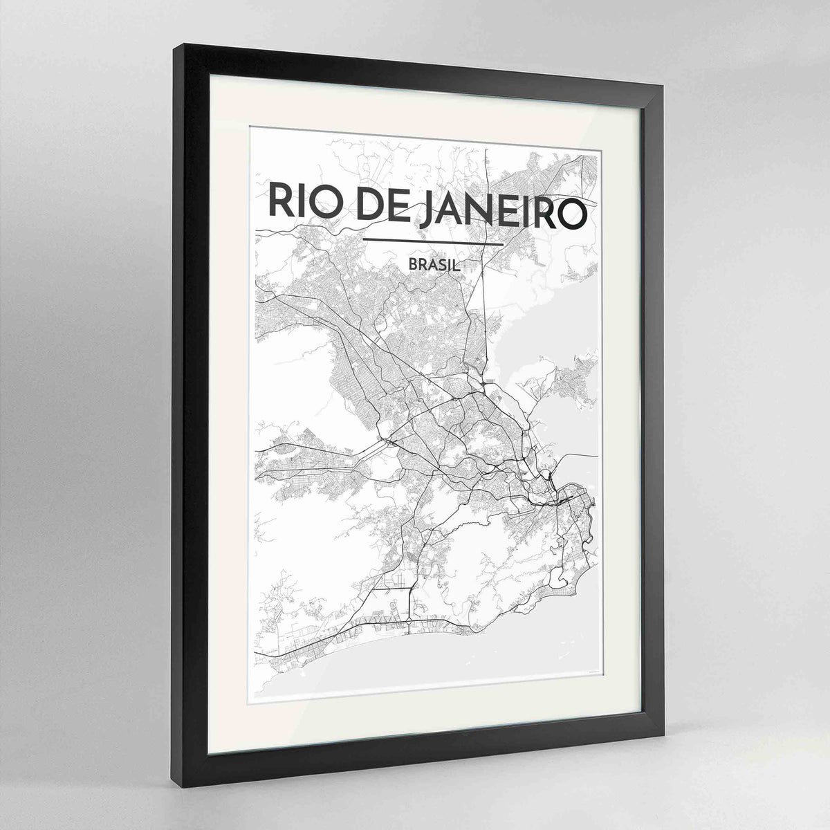 Framed Rio de Janeiro Map Art Print 24x36&quot; Contemporary Black frame Point Two Design Group