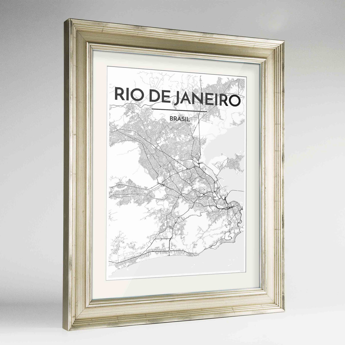 Framed Rio de Janeiro Map Art Print 24x36&quot; Champagne frame Point Two Design Group