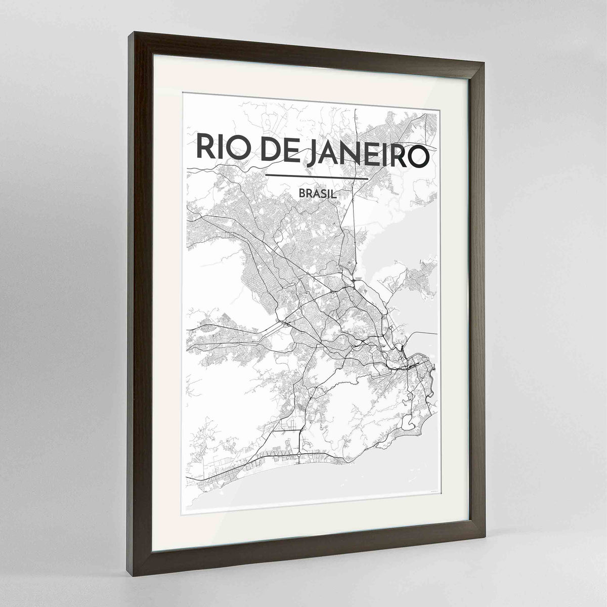 Framed Rio de Janeiro Map Art Print 24x36&quot; Contemporary Walnut frame Point Two Design Group