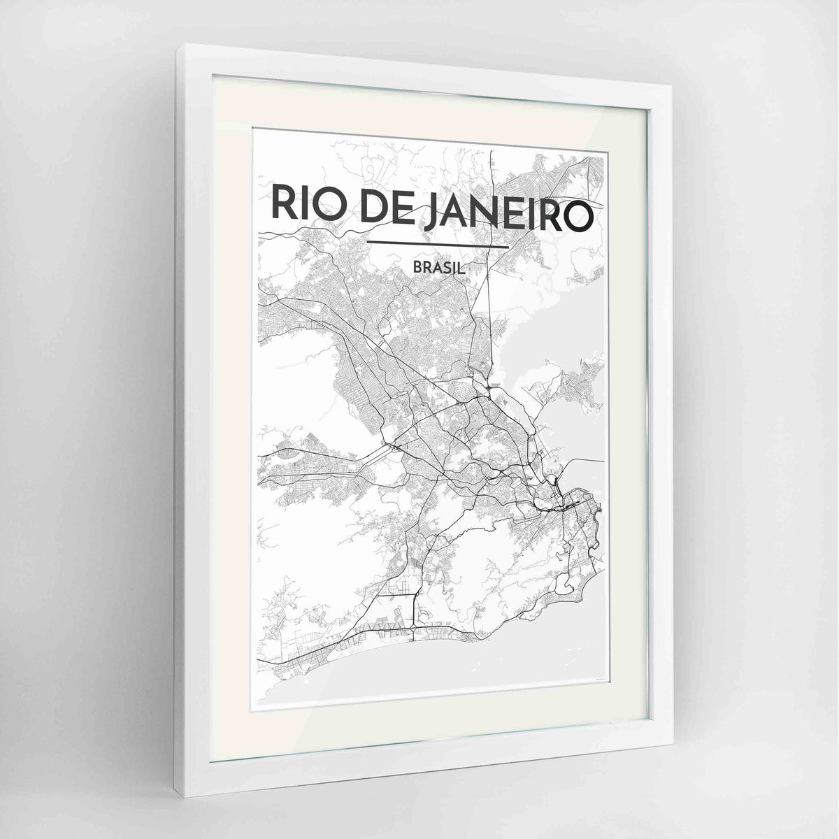 Framed Rio de Janeiro Map Art Print 24x36&quot; Contemporary White frame Point Two Design Group