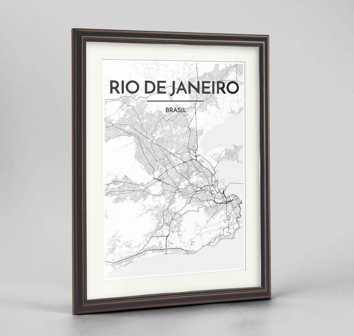 Framed Rio de Janeiro Map Art Print 24x36&quot; Traditional Walnut frame Point Two Design Group