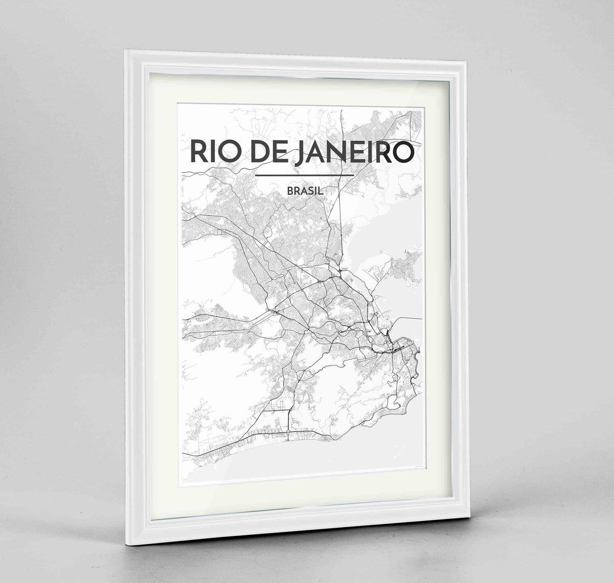 Framed Rio de Janeiro Map Art Print 24x36&quot; Traditional White frame Point Two Design Group