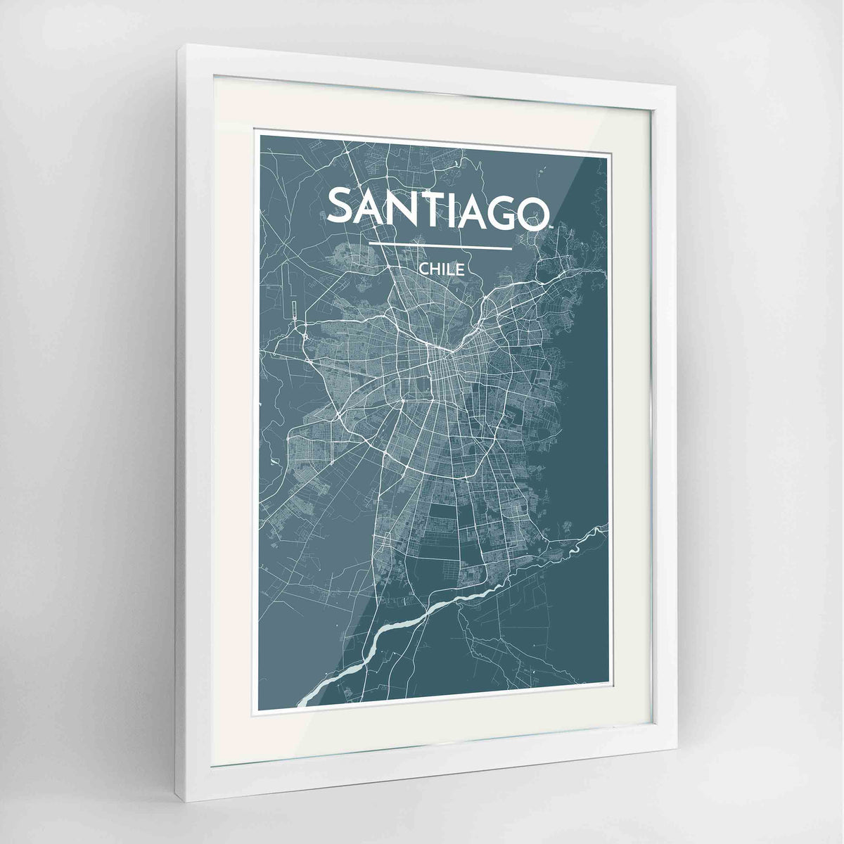 Framed Santiago Map Art Print 24x36&quot; Contemporary White frame Point Two Design Group