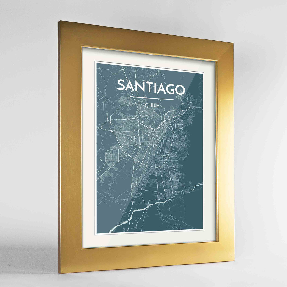 Framed Santiago Map Art Print 24x36&quot; Gold frame Point Two Design Group