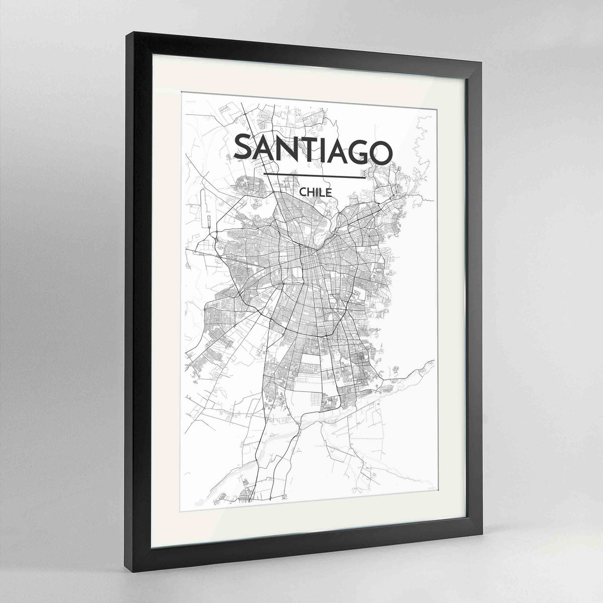 Framed Santiago Map Art Print 24x36&quot; Contemporary Black frame Point Two Design Group