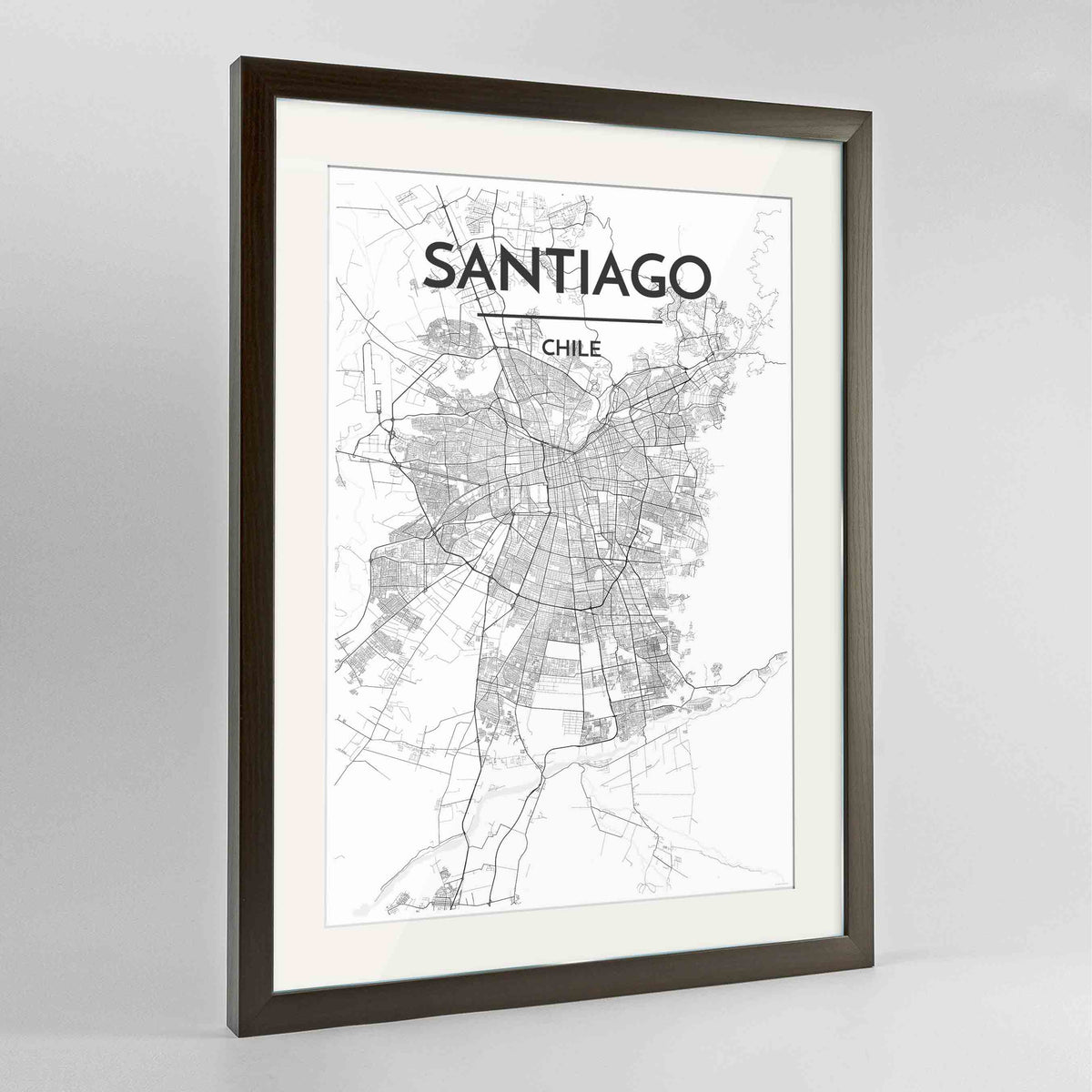 Framed Santiago Map Art Print 24x36&quot; Contemporary Walnut frame Point Two Design Group