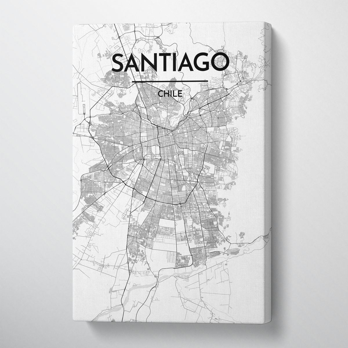 Santiago City Map Canvas Wrap - Point Two Design - Black &amp; White Print