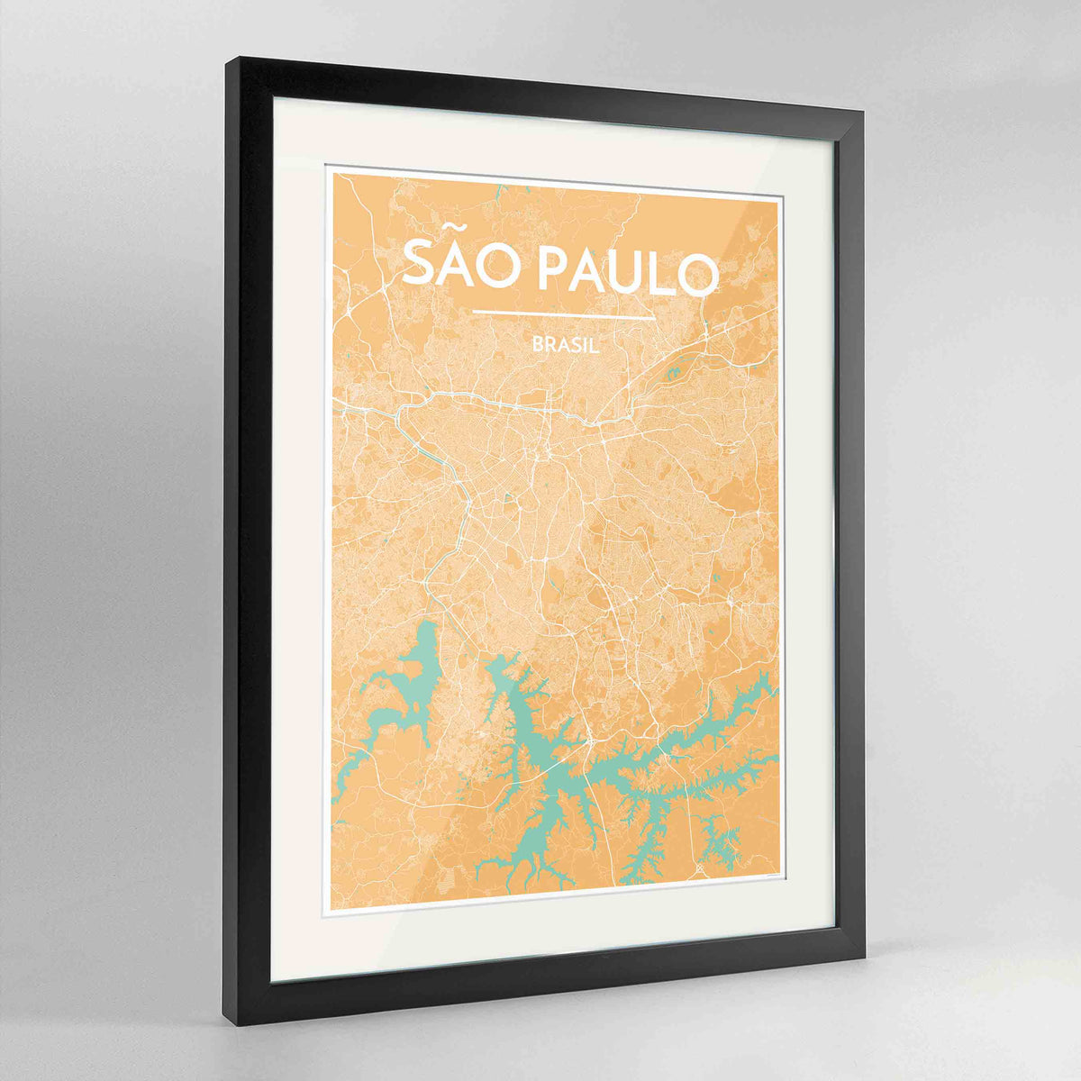 Framed Sao Paulo Map Art Print 24x36&quot; Contemporary Black frame Point Two Design Group
