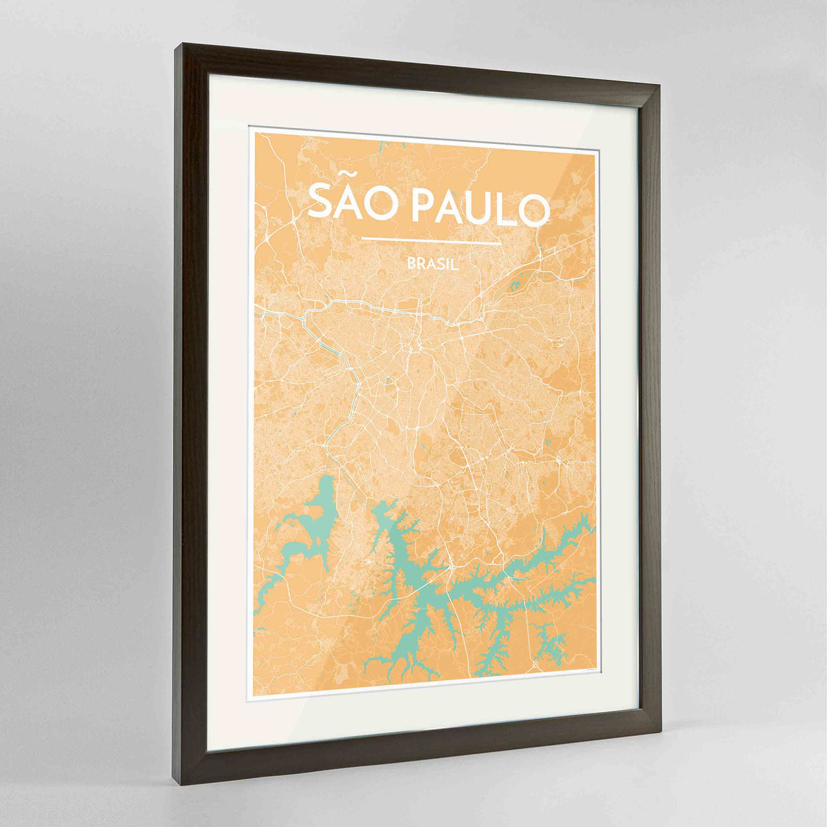 Framed Sao Paulo Map Art Print 24x36&quot; Contemporary Walnut frame Point Two Design Group