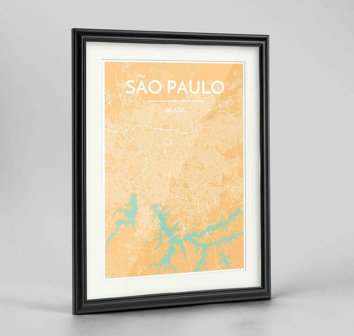 Framed Sao Paulo Map Art Print 24x36&quot; Traditional Black frame Point Two Design Group