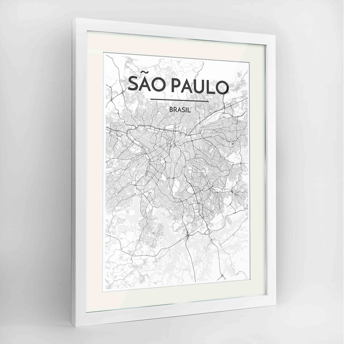 Framed Sao Paulo Map Art Print 24x36&quot; Contemporary White frame Point Two Design Group