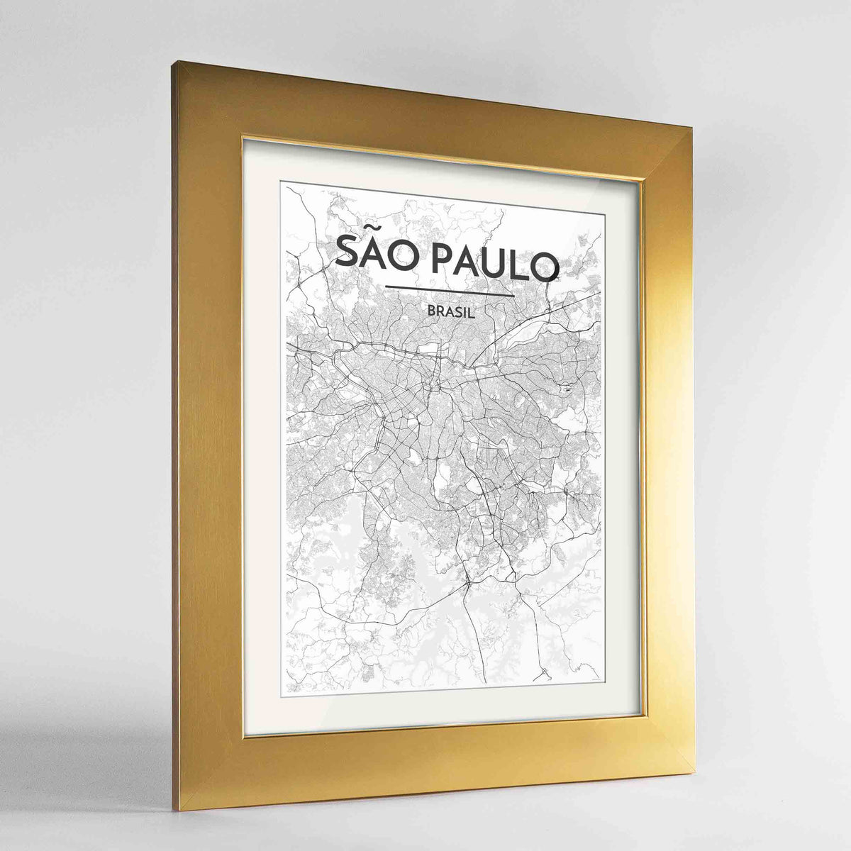 Framed Sao Paulo Map Art Print 24x36&quot; Gold frame Point Two Design Group