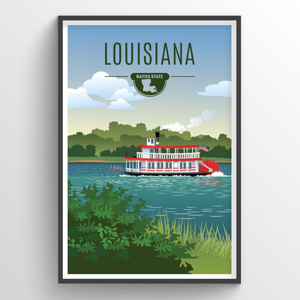 Illustrated Louisiana State Print - Louisiana Travel Decor - Point
