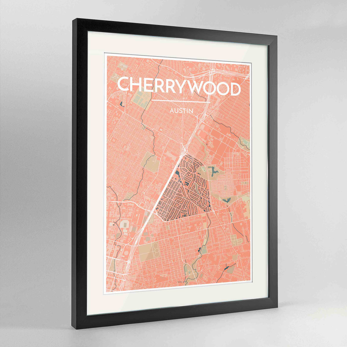 Framed Cherrywood Neighbourhood of Austin Map Art Print 24x36&quot; Contemporary Black frame Point Two Design Group
