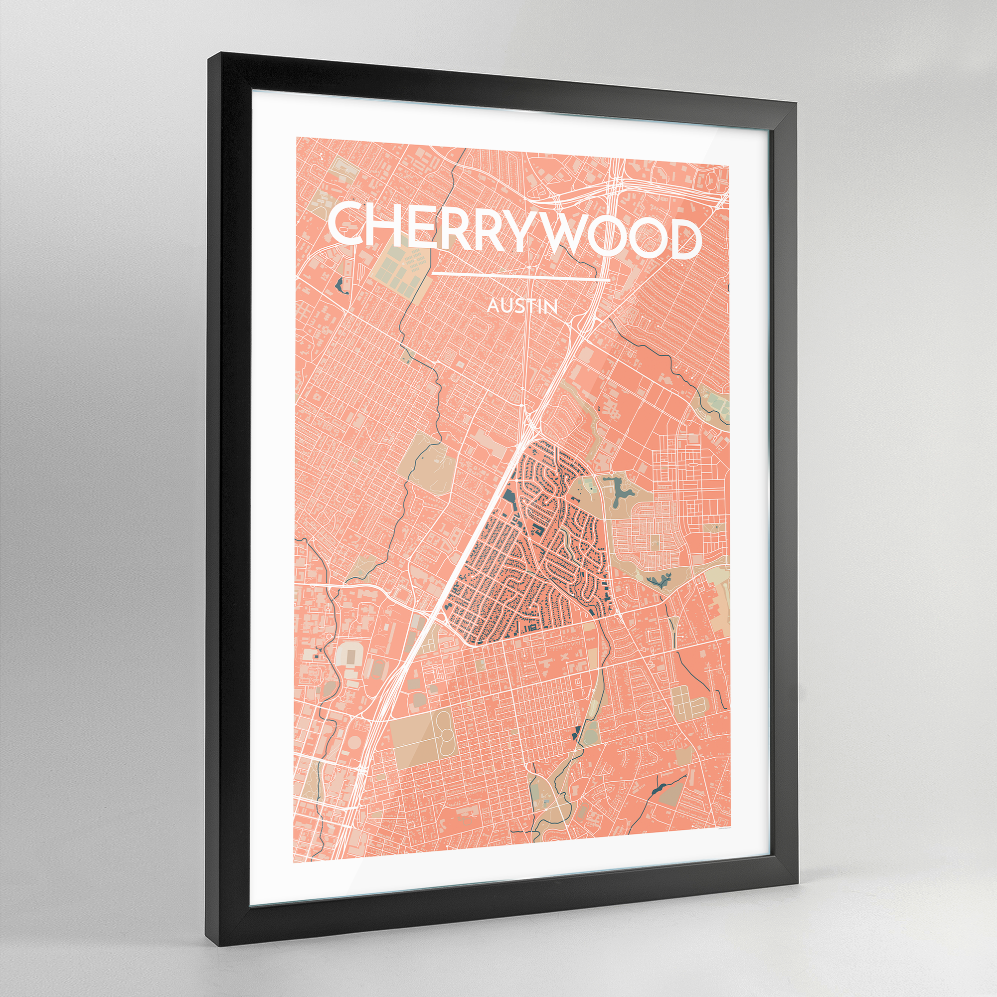 Framed Cherrywood Neighbourhood of Austin Map Art Print - Point Two Design