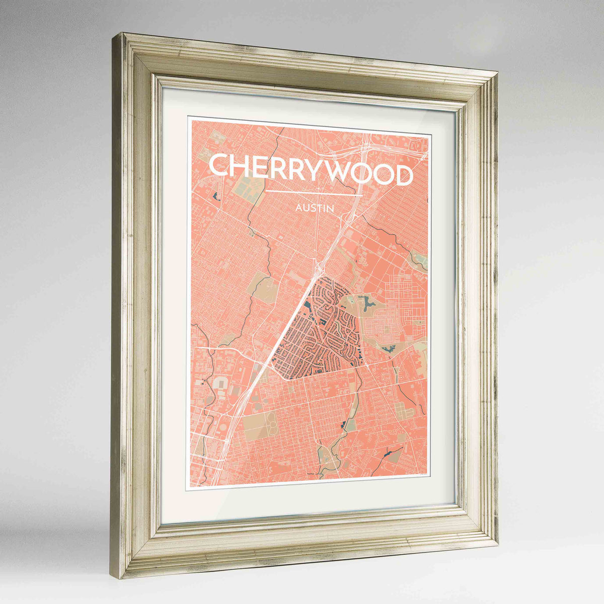 Framed Cherrywood Neighbourhood of Austin Map Art Print 24x36&quot; Champagne frame Point Two Design Group
