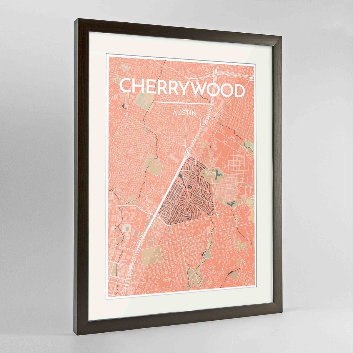 Framed Cherrywood Neighbourhood of Austin Map Art Print 24x36&quot; Contemporary Walnut frame Point Two Design Group