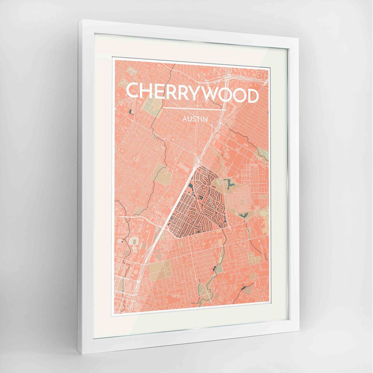 Framed Cherrywood Neighbourhood of Austin Map Art Print 24x36&quot; Contemporary White frame Point Two Design Group