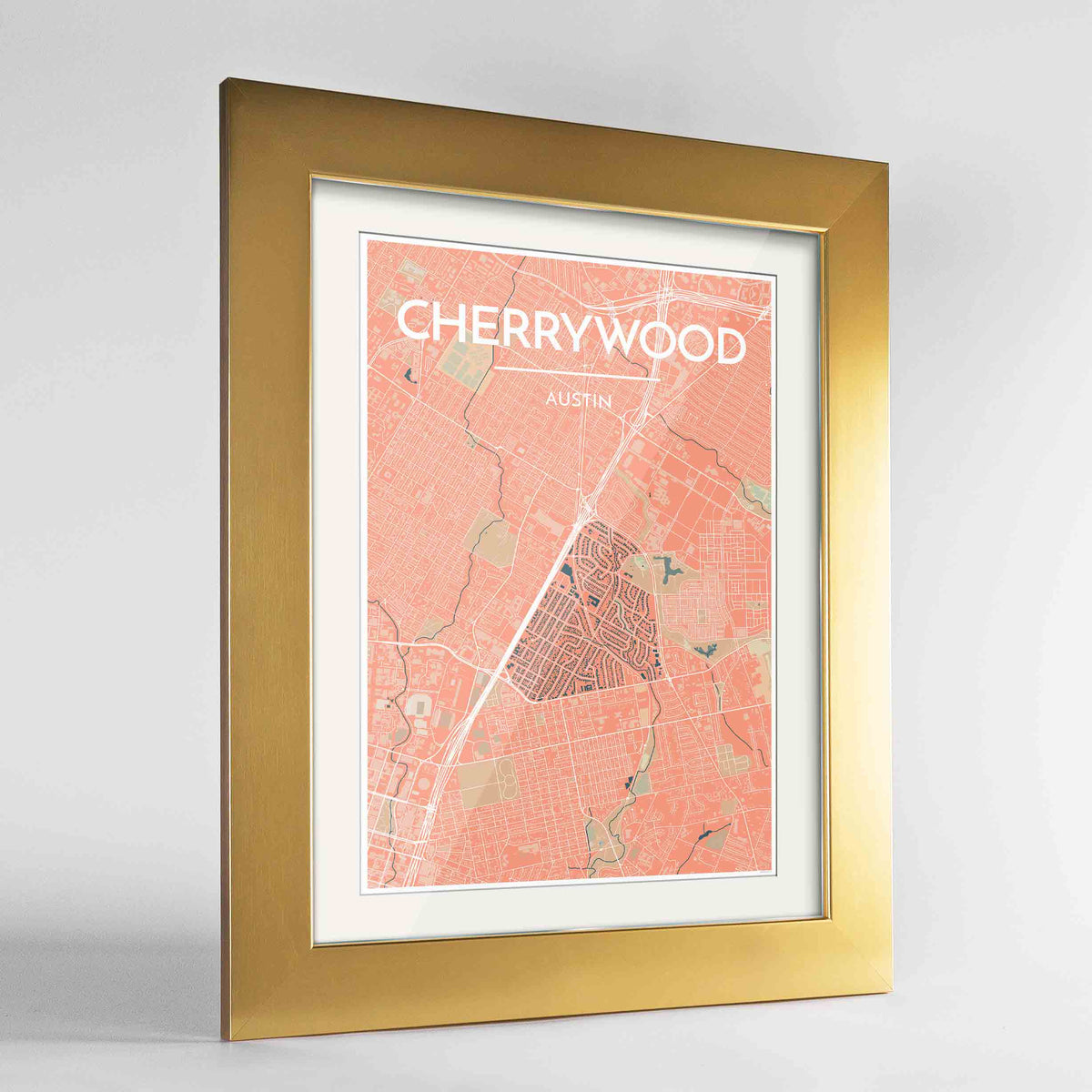 Framed Cherrywood Neighbourhood of Austin Map Art Print 24x36&quot; Gold frame Point Two Design Group