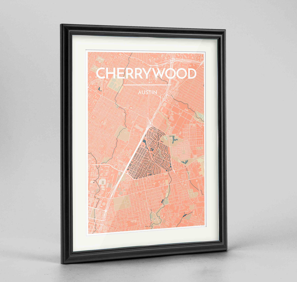 Framed Cherrywood Neighbourhood of Austin Map Art Print 24x36&quot; Traditional Black frame Point Two Design Group