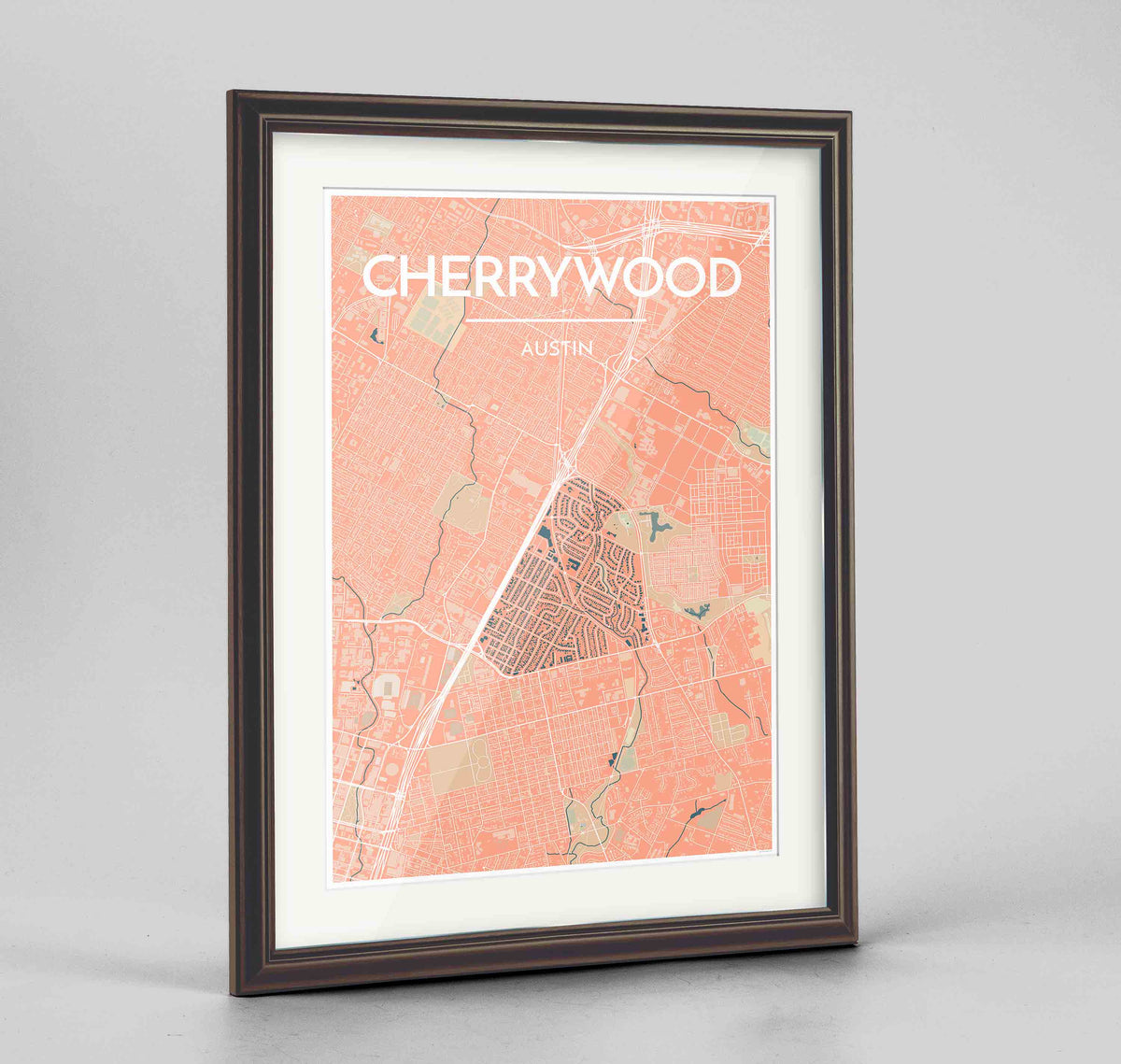 Framed Cherrywood Neighbourhood of Austin Map Art Print 24x36&quot; Traditional Walnut frame Point Two Design Group