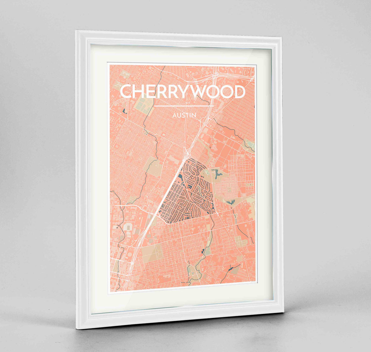 Framed Cherrywood Neighbourhood of Austin Map Art Print 24x36&quot; Traditional White frame Point Two Design Group