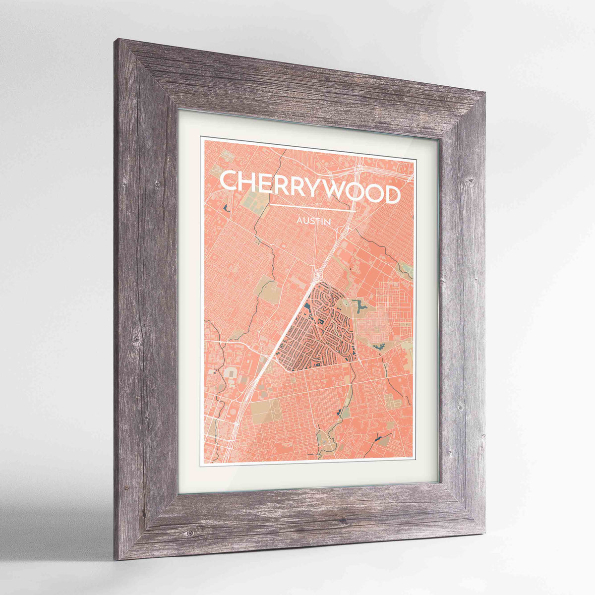Framed Cherrywood Neighbourhood of Austin Map Art Print 24x36&quot; Western Grey frame Point Two Design Group