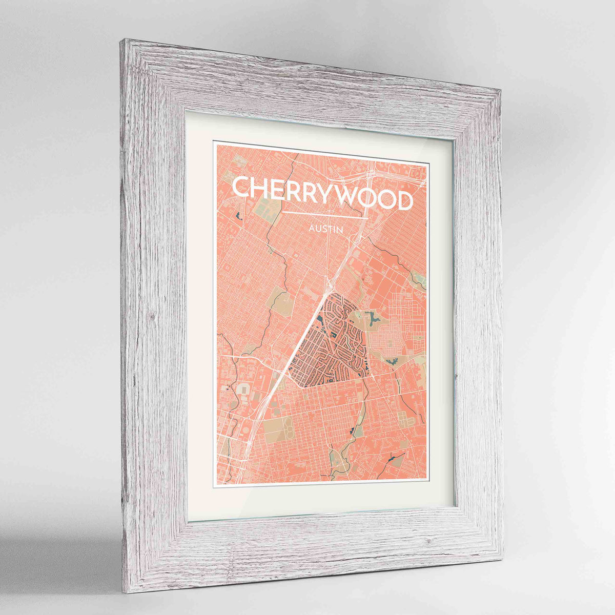 Framed Cherrywood Neighbourhood of Austin Map Art Print 24x36&quot; Western White frame Point Two Design Group