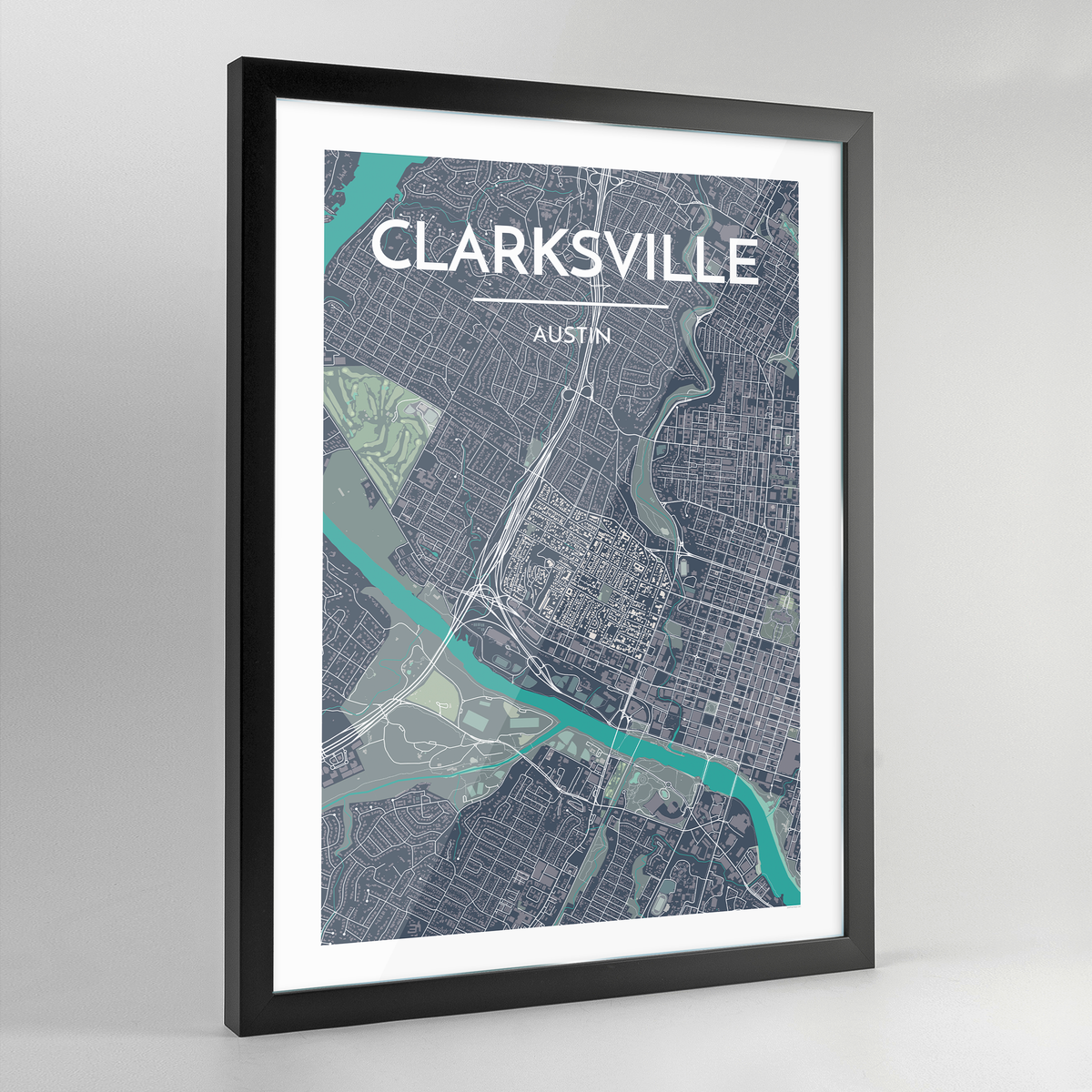 Framed Clarksville Neighbourhood of Austin Map Art Print - Point Two Design