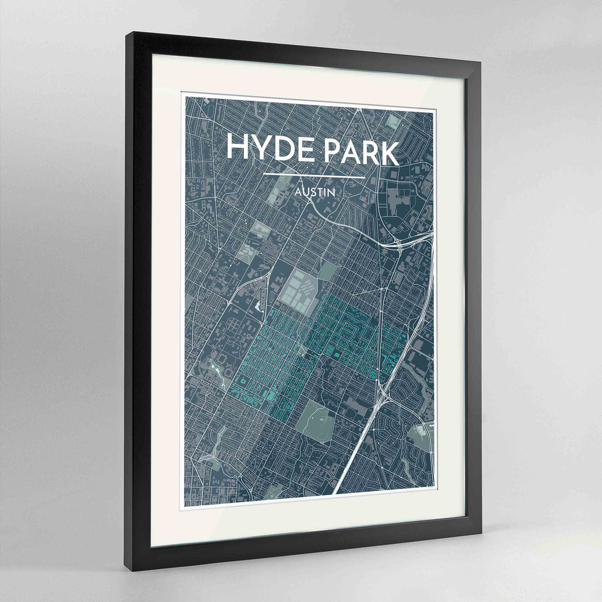 Framed Hyde Park Neighbourhood of Austin Map Art Print 24x36&quot; Contemporary Black frame Point Two Design Group