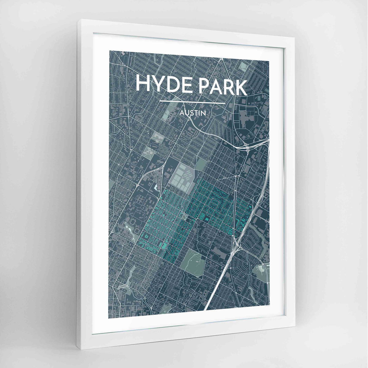 Hyde Park Neighbourhood of Austin Map Art Print - Framed