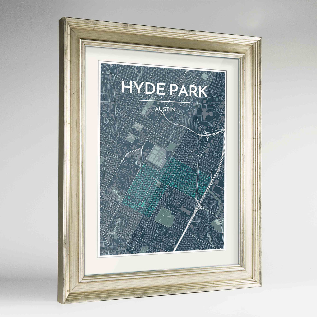 Framed Hyde Park Neighbourhood of Austin Map Art Print 24x36&quot; Champagne frame Point Two Design Group
