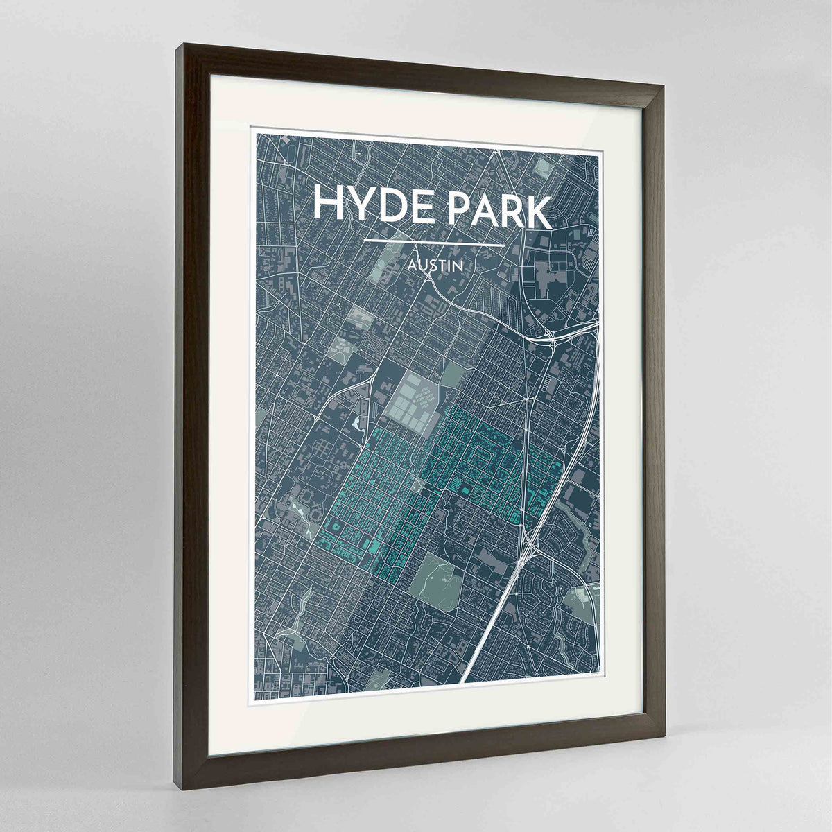 Framed Hyde Park Neighbourhood of Austin Map Art Print 24x36&quot; Contemporary Walnut frame Point Two Design Group