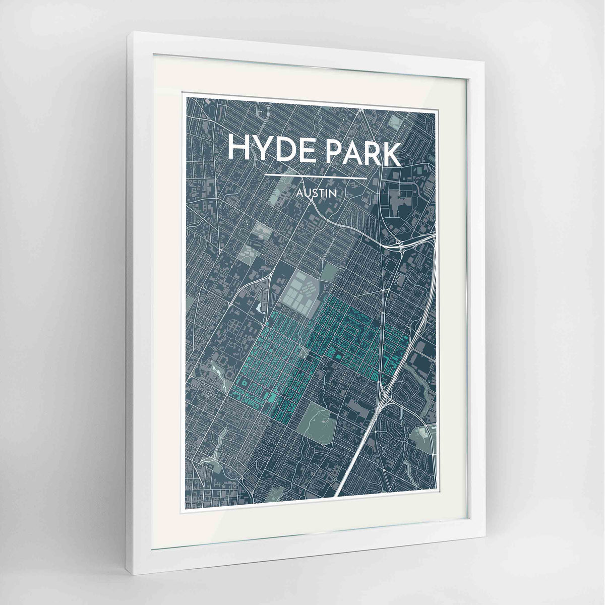 Framed Hyde Park Neighbourhood of Austin Map Art Print 24x36&quot; Contemporary White frame Point Two Design Group