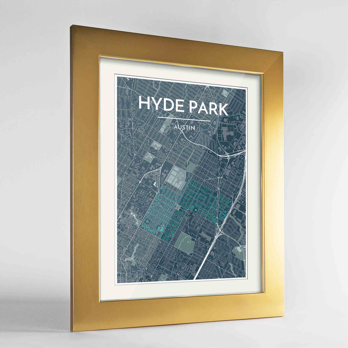 Framed Hyde Park Neighbourhood of Austin Map Art Print 24x36&quot; Gold frame Point Two Design Group