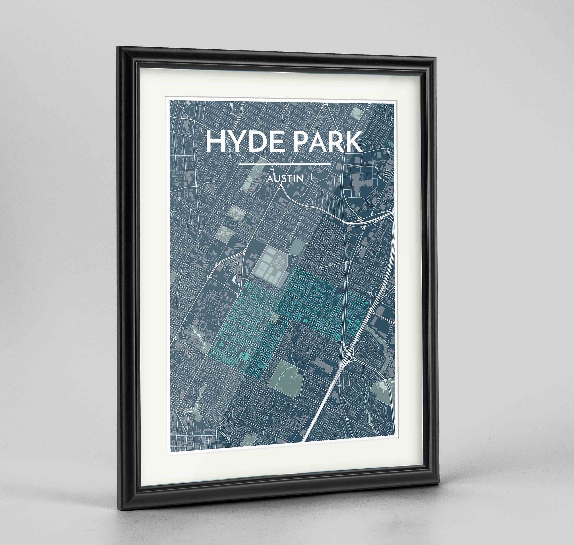 Framed Hyde Park Neighbourhood of Austin Map Art Print 24x36" Traditional Black frame Point Two Design Group