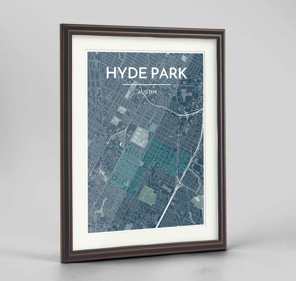 Framed Hyde Park Neighbourhood of Austin Map Art Print 24x36&quot; Traditional Walnut frame Point Two Design Group