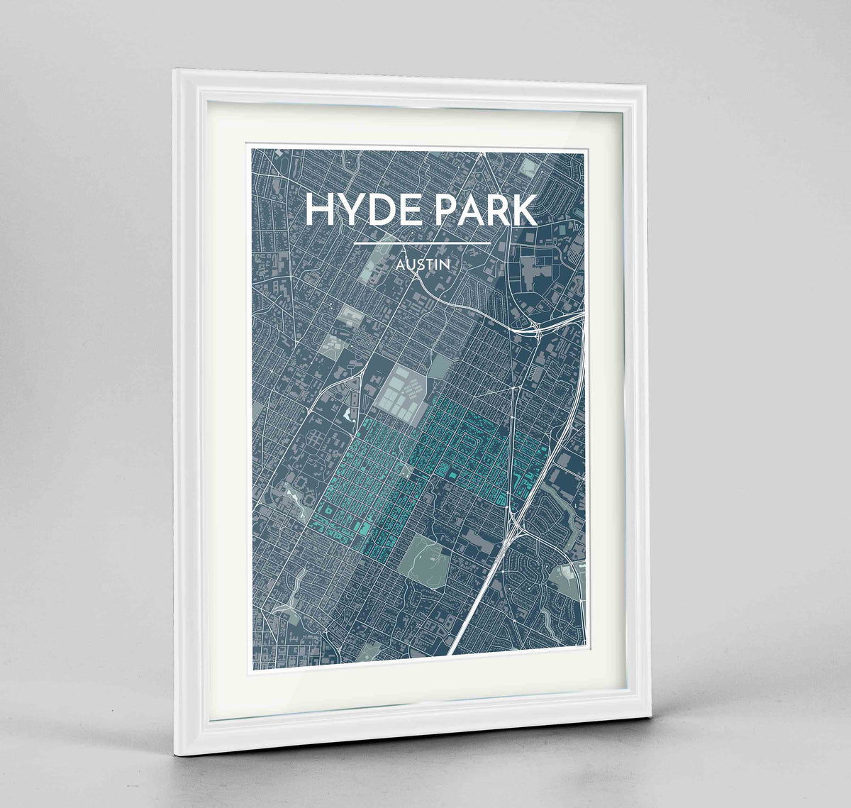 Framed Hyde Park Neighbourhood of Austin Map Art Print 24x36&quot; Traditional White frame Point Two Design Group