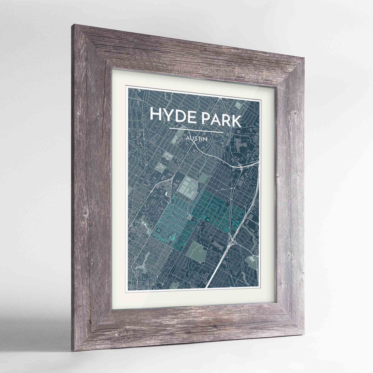 Framed Hyde Park Neighbourhood of Austin Map Art Print 24x36&quot; Western Grey frame Point Two Design Group
