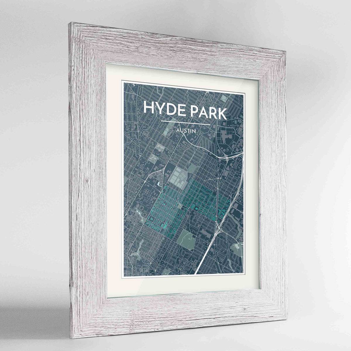 Framed Hyde Park Neighbourhood of Austin Map Art Print 24x36&quot; Western White frame Point Two Design Group