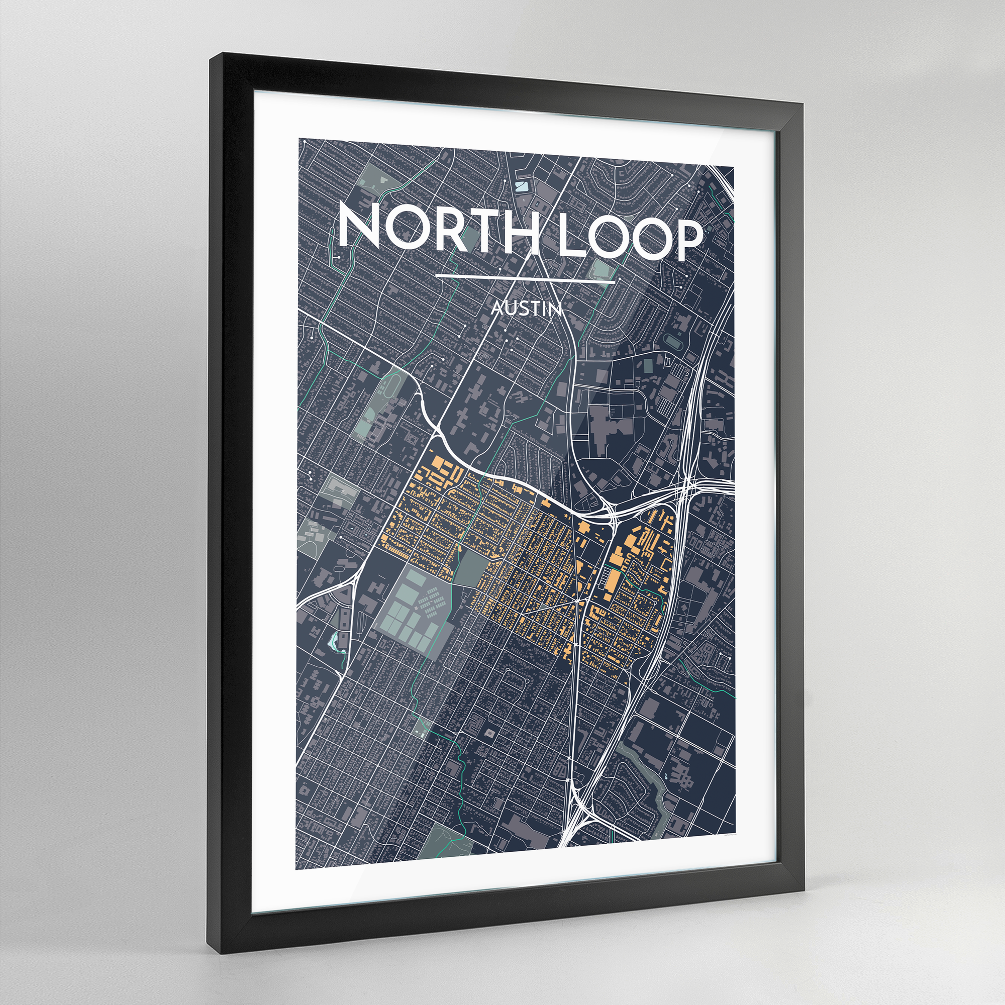 Framed North Loop Neighbourhood of Austin City Map Art Print - Point Two Design