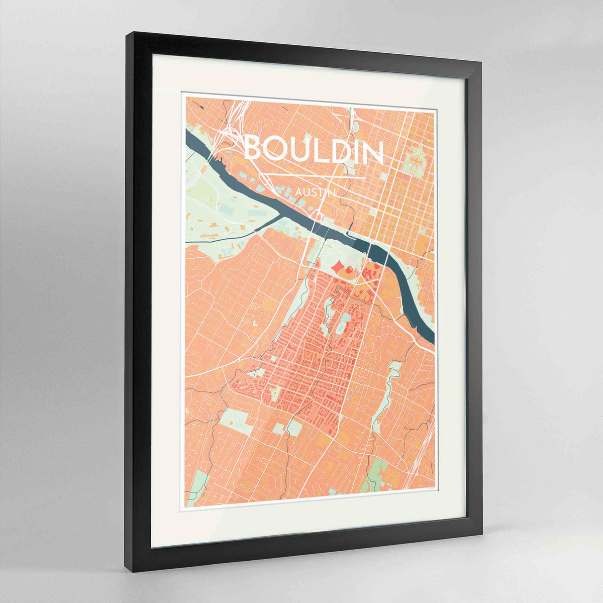 Framed Bouldin Neighbourhood of Austin Map Art Print 24x36&quot; Contemporary Black frame Point Two Design Group